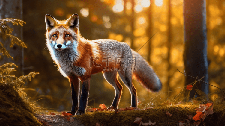 一只蓝眼睛的红狐狸站在树林里