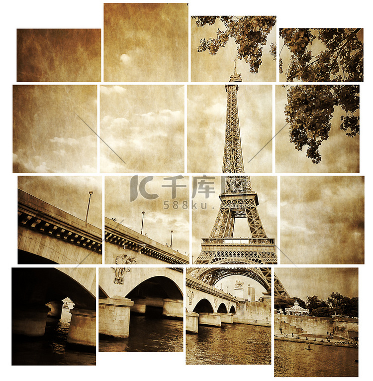 埃菲尔铁塔复古瓷砖效果，巴黎