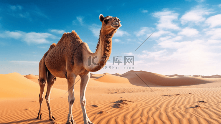 一只在沙漠中行走的骆驼，背景是