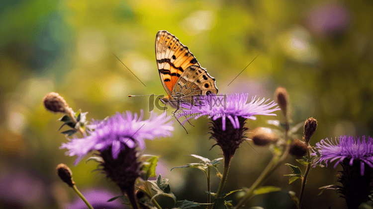 一只棕色的蝴蝶坐在一朵紫花上