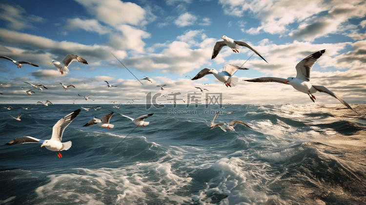 一群海鸥在海洋上空飞翔