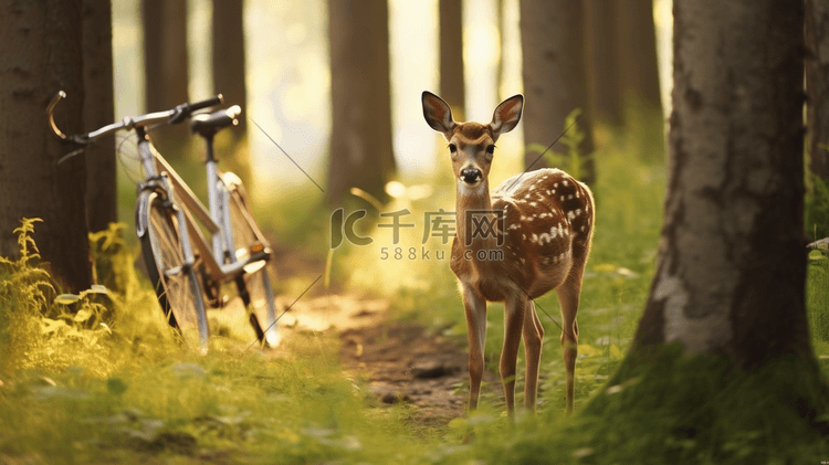 一只鹿在自行车附近的特写