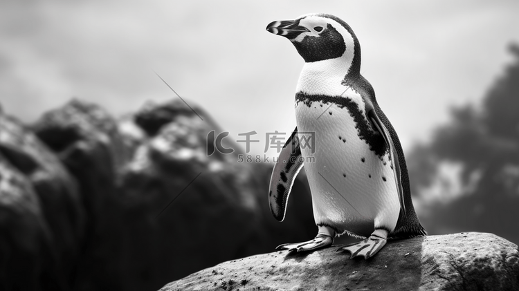 一张企鹅站在岩石上的黑白照片