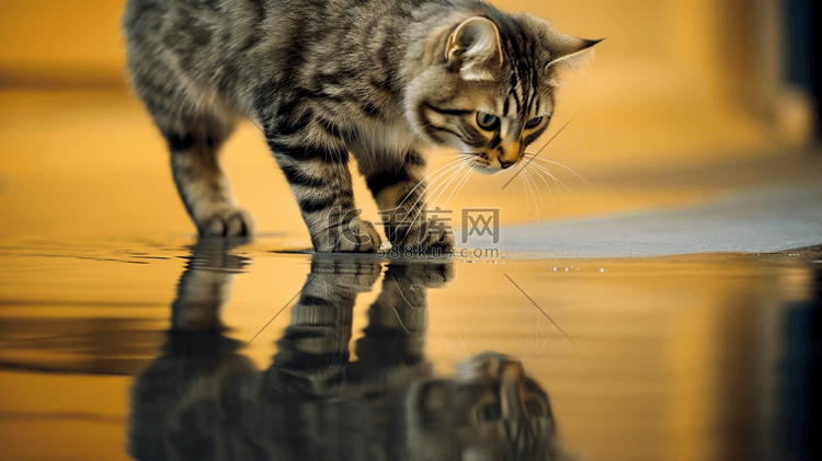 一只猫看着自己在水中的倒影