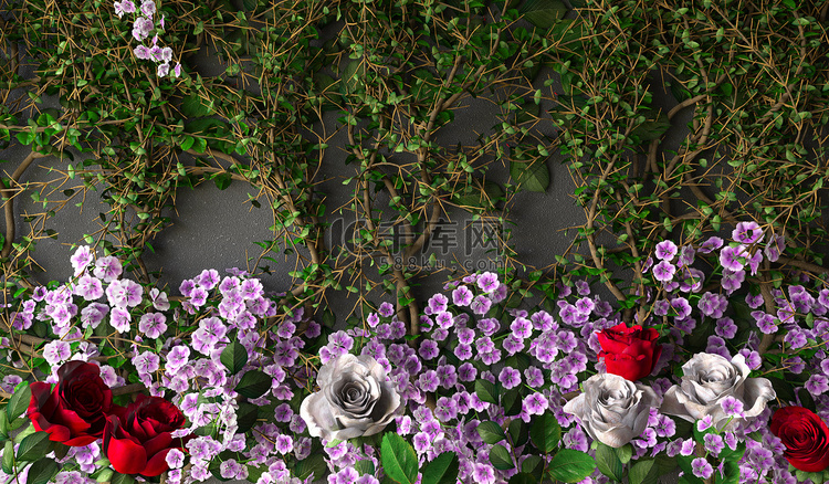 灰色墙壁上的鲜花玫瑰假日背景