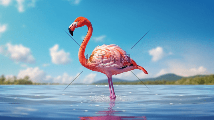 一只粉红色的火烈鸟站在水中，头