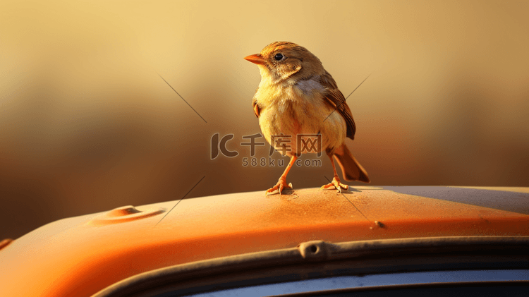 一只小鸟站立在汽车的车顶上
