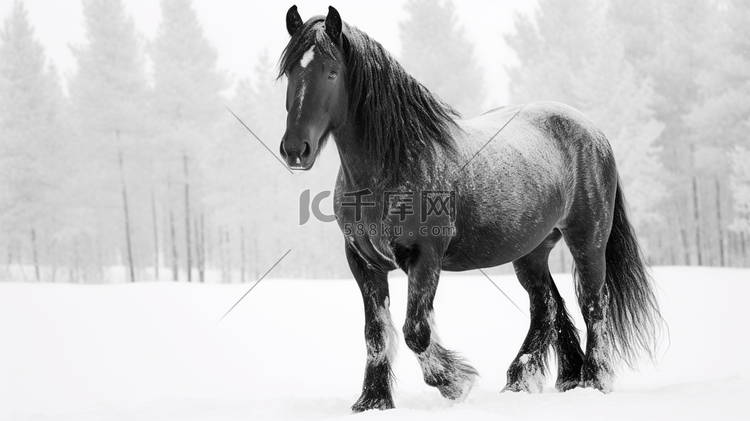 一匹黑白相间的马站在雪地里