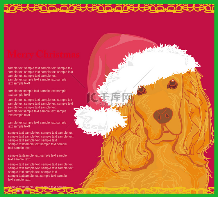 美国可卡犬躺下戴着圣诞帽-卡片