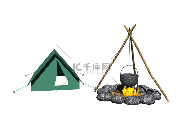 带壁炉和汤锅的绿色帐篷
