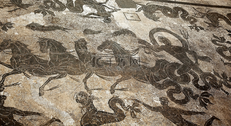 战车马赛克地板上的古罗马海王星