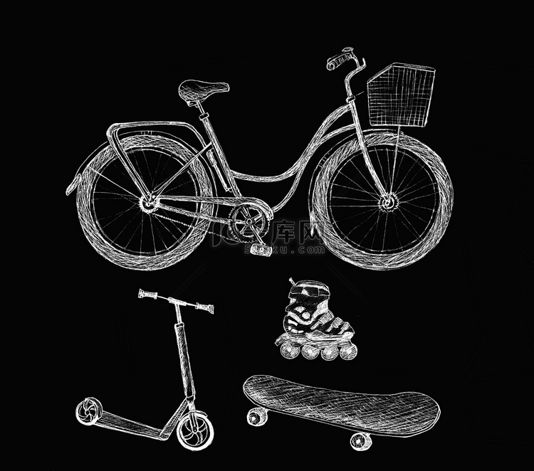 “一组运动运输对象：自行车、踏