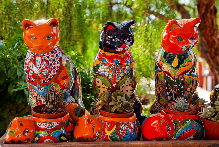 墨西哥彩色纪念品陶瓷猫仙人掌花