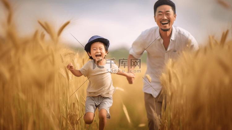 父亲节父子快乐人像在稻田里跑