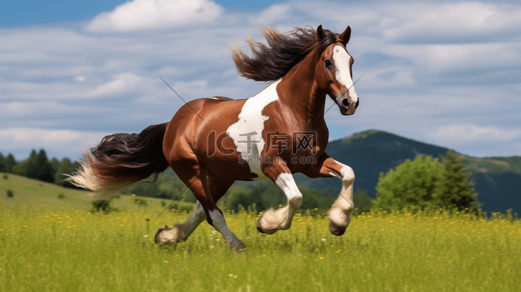 白天，棕色和白色的马在绿色的草