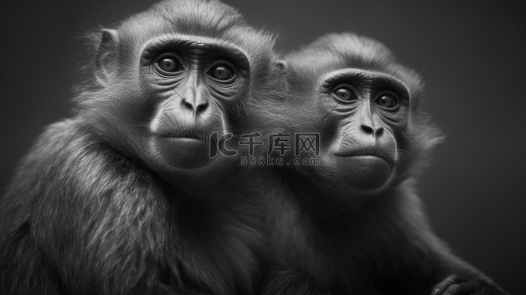 两只猴子的灰度照片