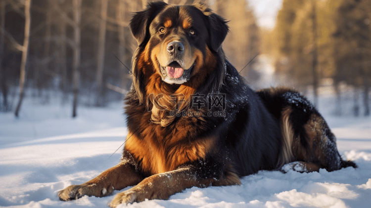 白天，棕色和黑色的长毛狗在积雪