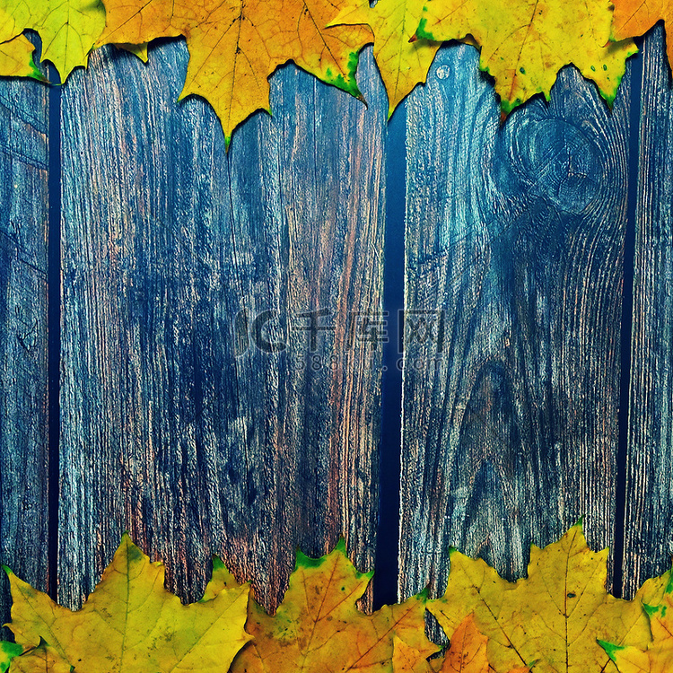 与色的叶子的秋天背景在木板。