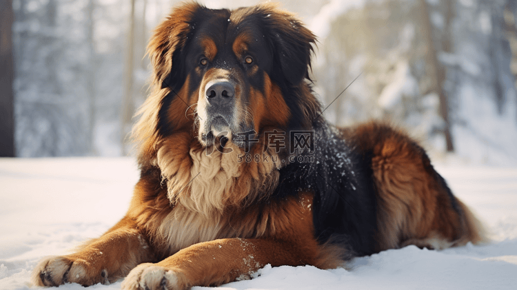 棕色和黑色的大狗坐在积雪覆盖的