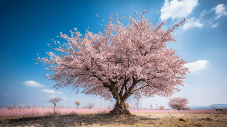 白天蓝天下的粉色樱花树