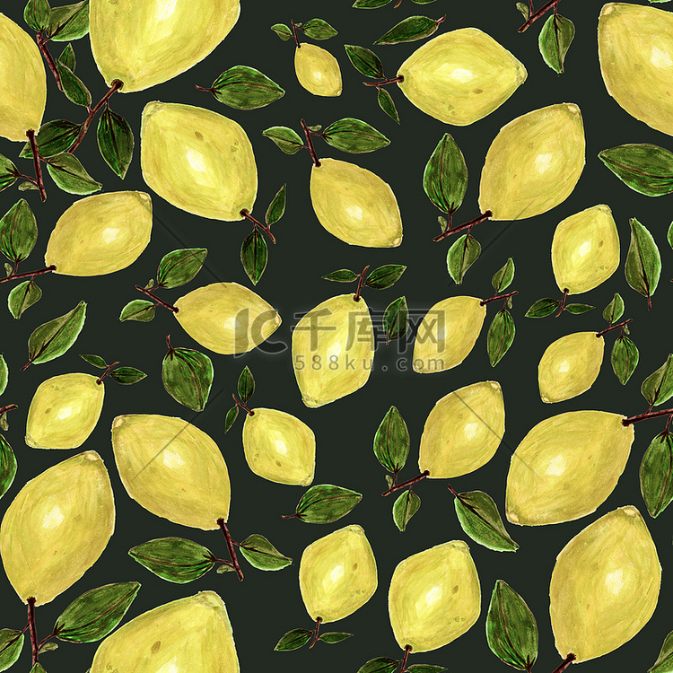 无缝图案，上面有手绘柠檬和树叶