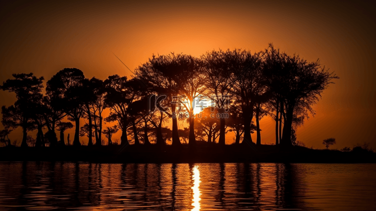 日落时靠近水体的树木的轮廓