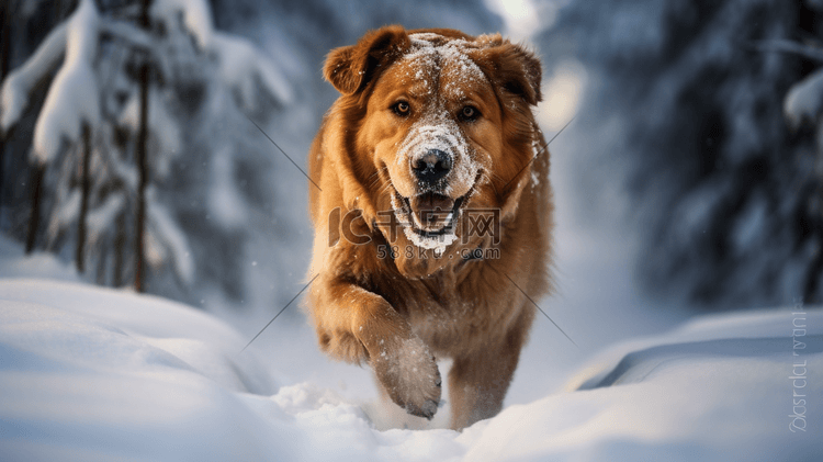 一只棕色的狗在雪地里玩耍