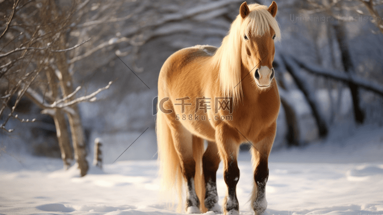 一匹金发棕马站在雪地里