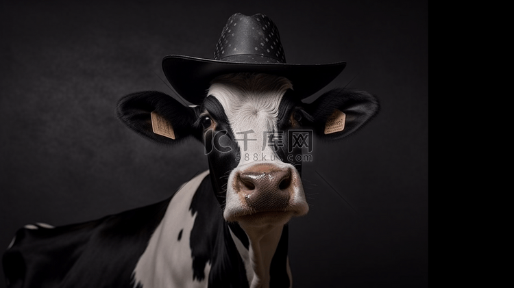 黑白相间的母牛戴着黑色的帽子