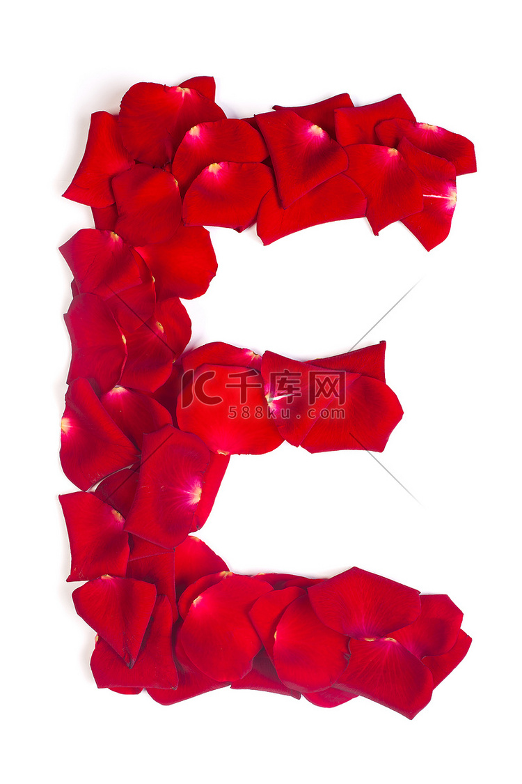 字母 E 由红色花瓣制成，白色