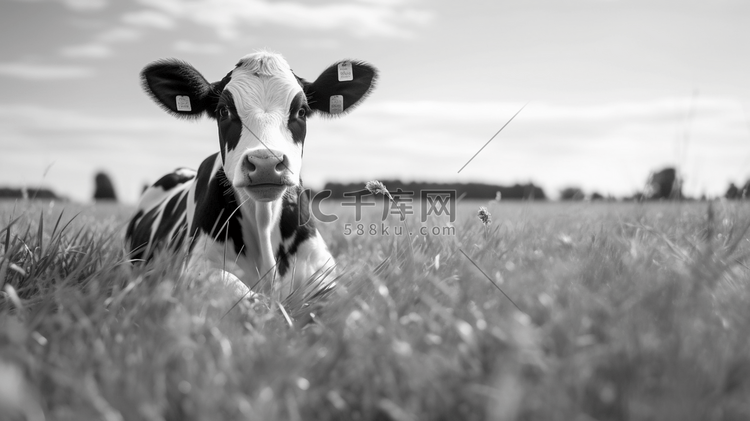 一头黑白相间的奶牛躺在草地上