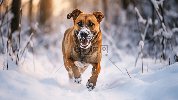 一只棕色的狗在雪地里玩耍