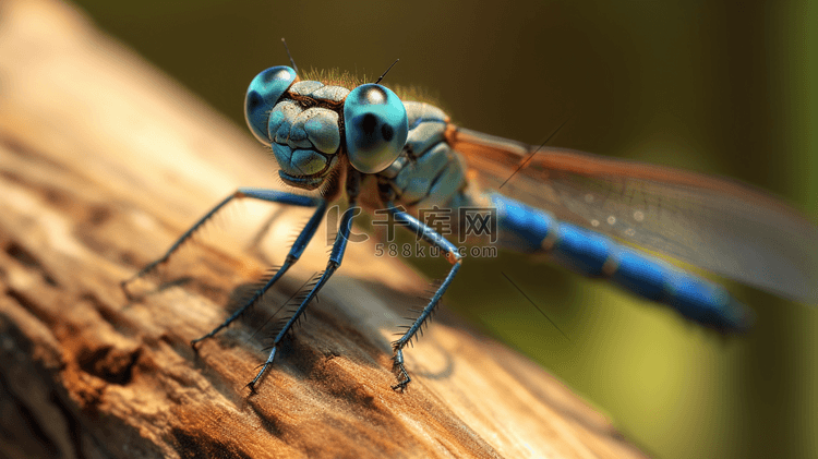 白天的特写摄影中，蓝色的蜻蜓栖