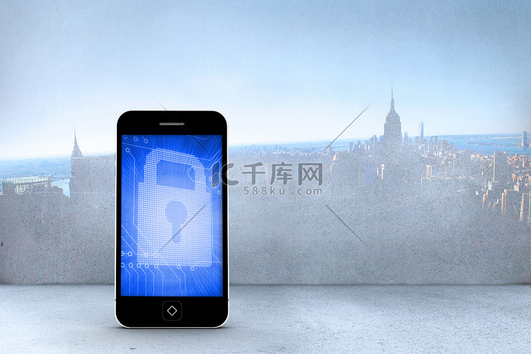 智能手机屏幕上蓝色锁的合成图像