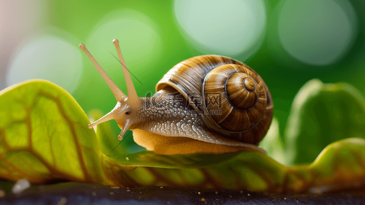 绿叶上的棕色蜗牛