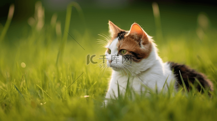 绿草上的白猫和棕猫