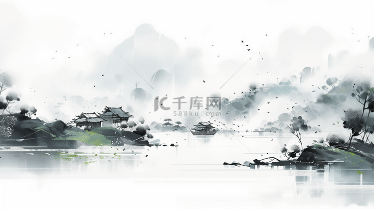 中国水墨画山水风景水墨山水插画