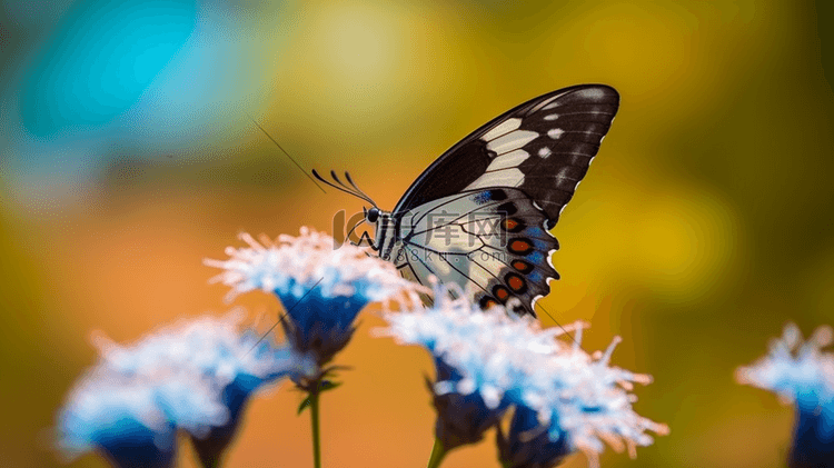 白天，黑白相间的蝴蝶栖息在蓝色