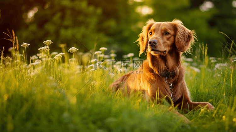 一只狗坐在草丛里