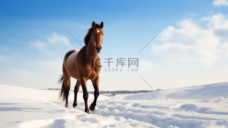 白天白雪覆盖的地面上的棕马