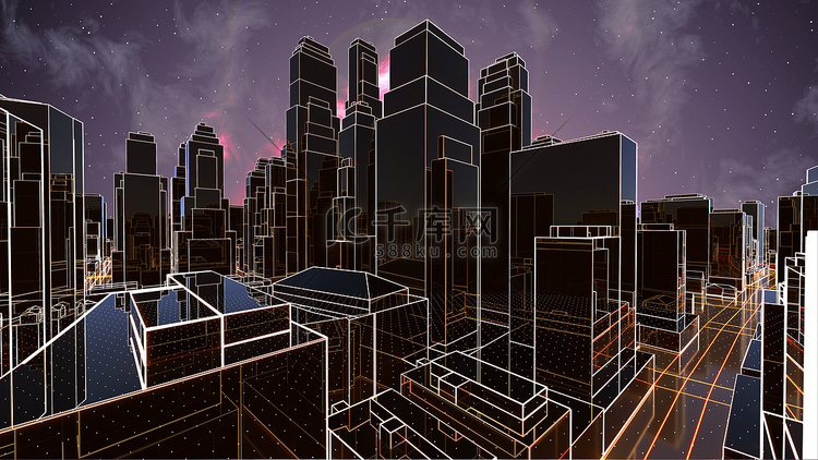 有发光线的抽象 3D 城市