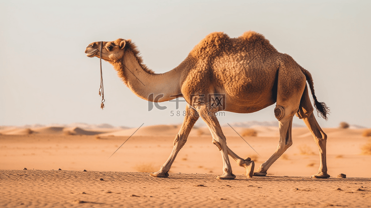 行走在沙漠中的棕色骆驼