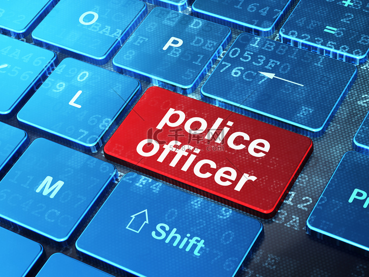 法律概念：计算机键盘背景的警察
