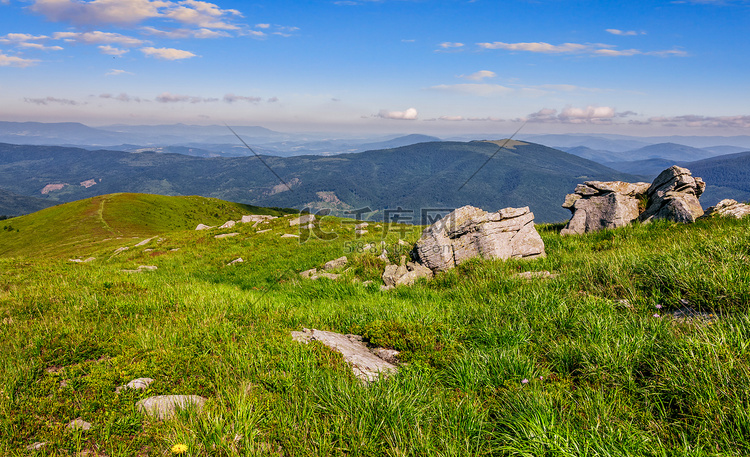 夏季喀尔巴阡山脉带巨石的草甸