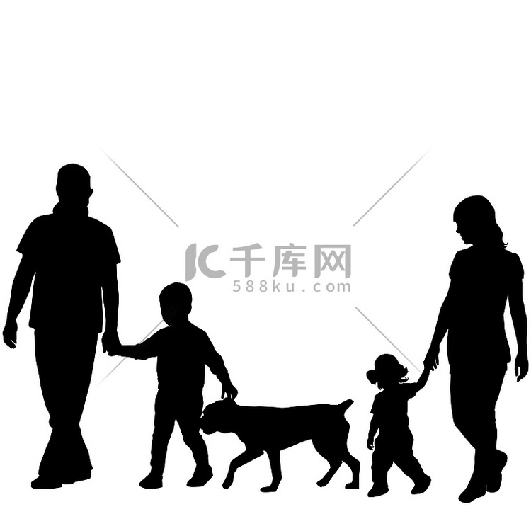 有两个孩子和狗的家庭剪影