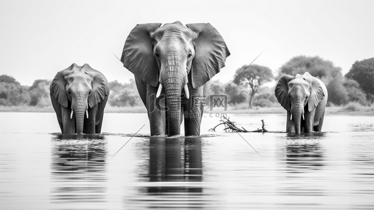 大象喝水的灰度照片