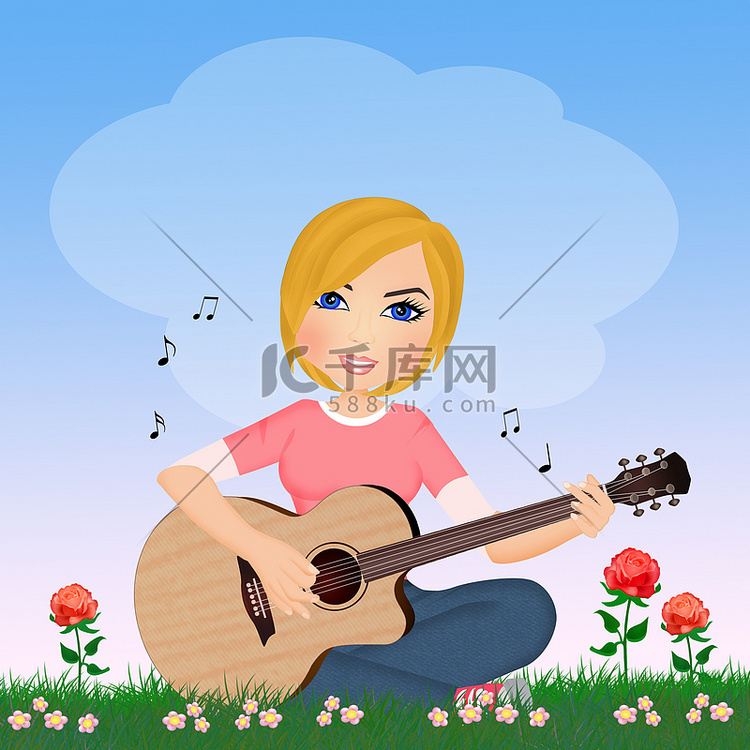 女孩在草地上弹吉他