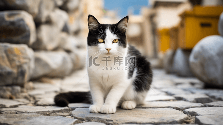 一只黑白相间的猫坐在石头地板上
