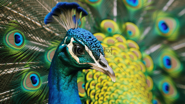 蓝色、绿色和黄色孔雀的特写摄影