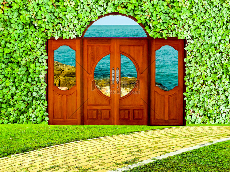 花园和海景中的门和三叶草背景